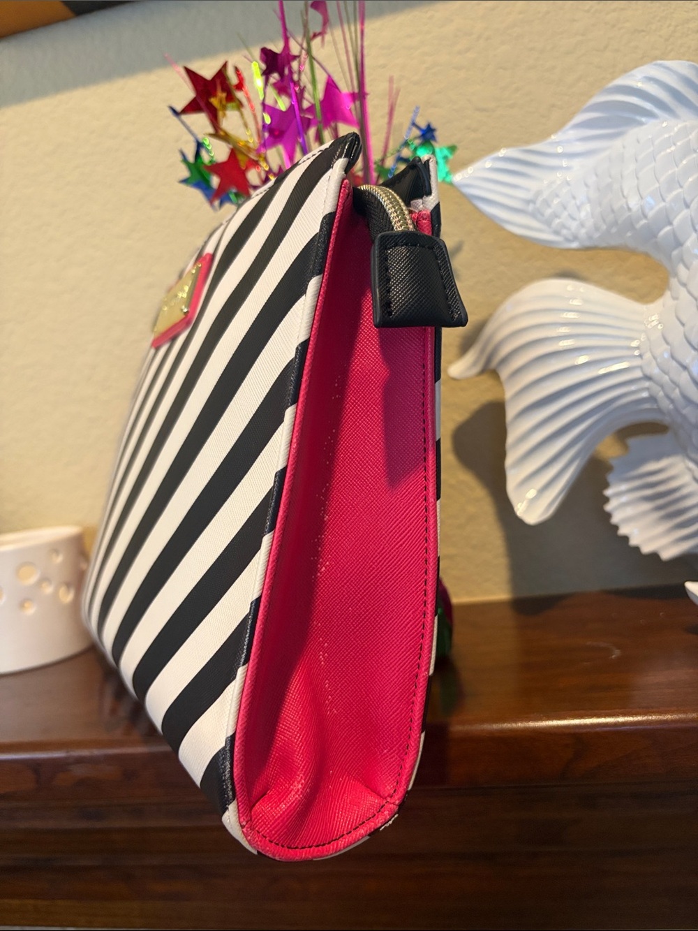 Betsey Johnson Black & White Diagonal Stripe Pouch with Pink Trim - Picture 2 of 9